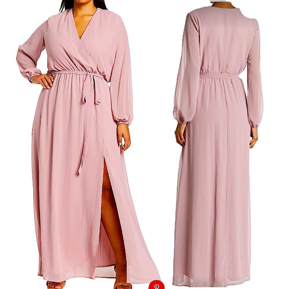 Marina Couture Surplice Long Sleeve Chiffon Maxi Dress in Rose Size 10